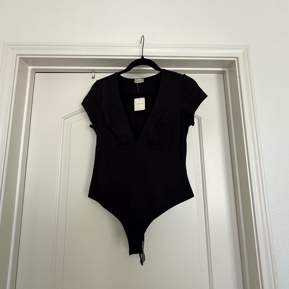 Free People Black V Neck Bodysuit